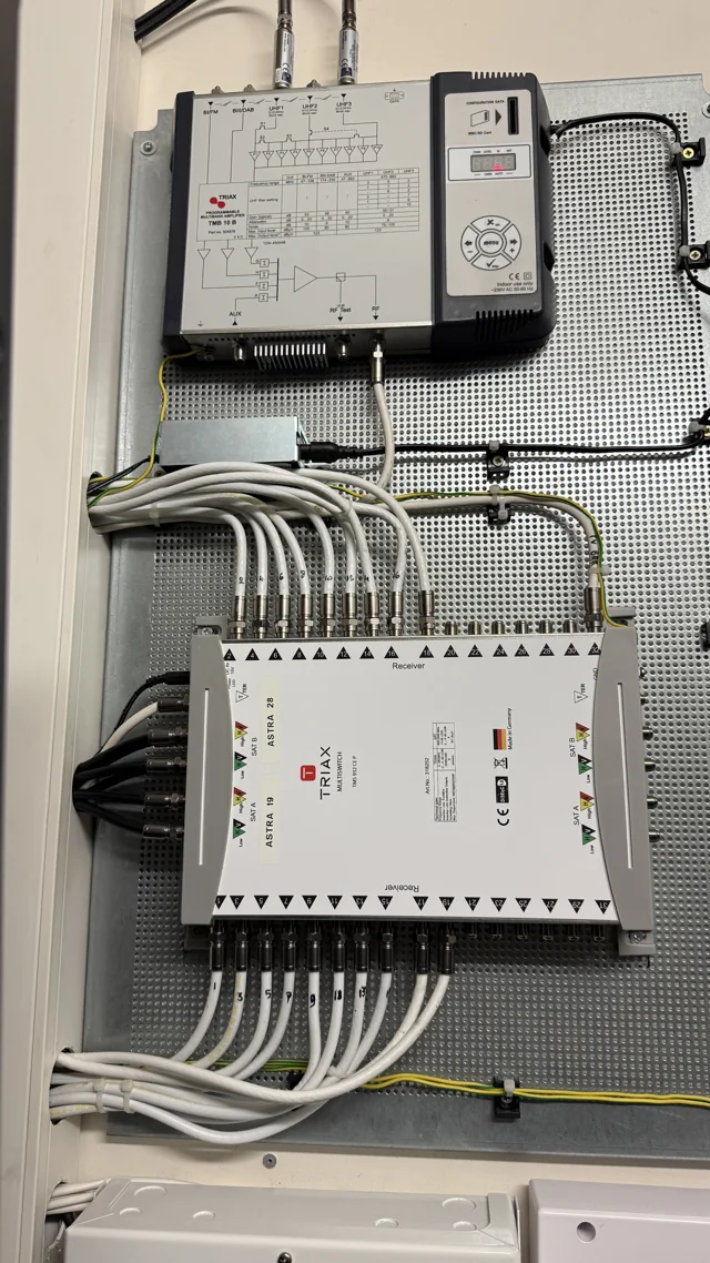 Distribuzione TV e connessioni nella sala tecnica.